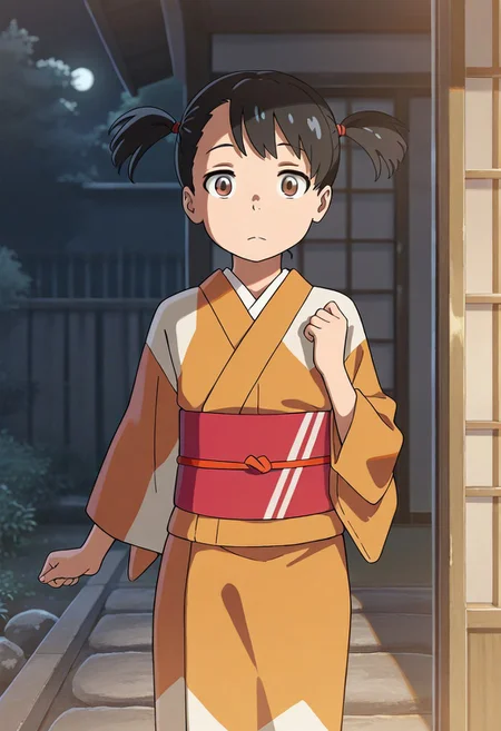 masterpiece,best quality,amazing quality, miyamizu yotsuha, black hair, brown eyes, short twintails, 1girl, japanese clothes, solo, kimono, twintails, short hair, night, yellow kimono, looking at viewer