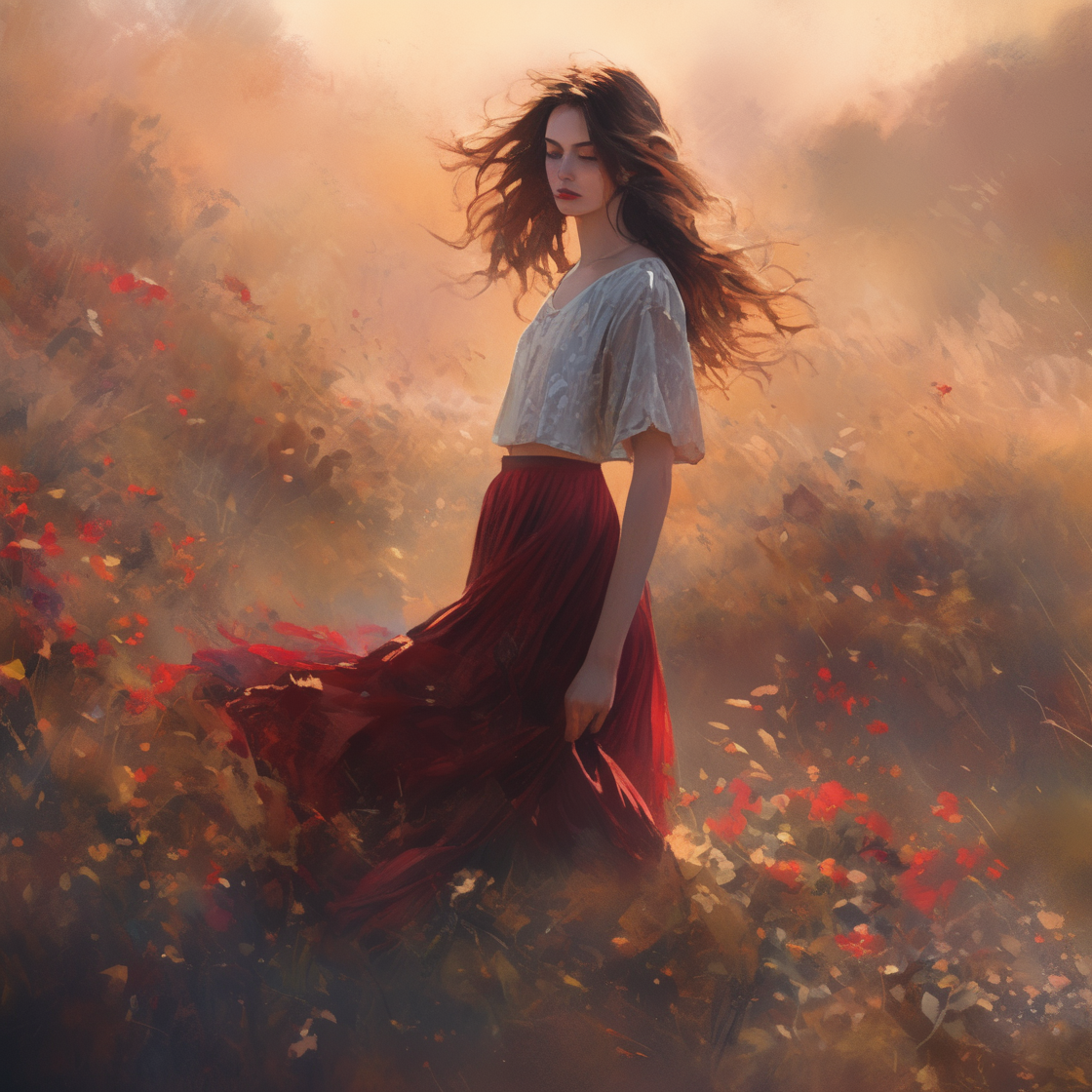 a historic young beautiful character, wearing a crop top with short skirt, looking at viewer, maroon cream black vintage, sunset, soft body, flowing hair, wild flowers, the start of spring, Shadow play, top view, light, mist, moody, glossy brown hair, earthy, vivid, red, purple, blue, cinematic, Film light, Hyper detailed, Hyper realistic, masterpiece, atmospheric, High resolution, Vibrant, High contrast, dark angle, art by Koos Roos, 8k, HDR, 500px