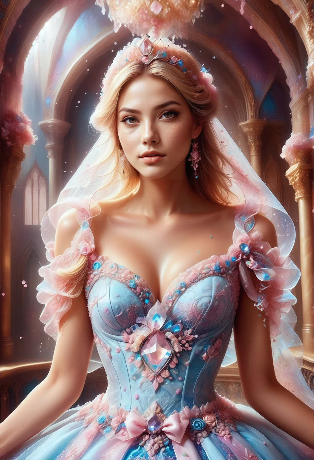 dolleij01sdxl, 2d, 8k. ((1 woman in a castle hall)), dolleijsdxl01, <lora:DolleijSDXL01:0.5>, wearing princess dresses made out of reij-rsrgnz <lora:RoseOrganza-000006:0.7>, , , straight hair, , , standing infront of a throne room, posing seductive to the viewer, hugging each other, close up, dress is detailed with "Sprinkles", the dress is made out of sprinkles, <lora:PinkieSprnklsSDXL:0.9>, p1nkspr1nkles, close up, Jed-dtl <lora:Jedtailer:0.6>