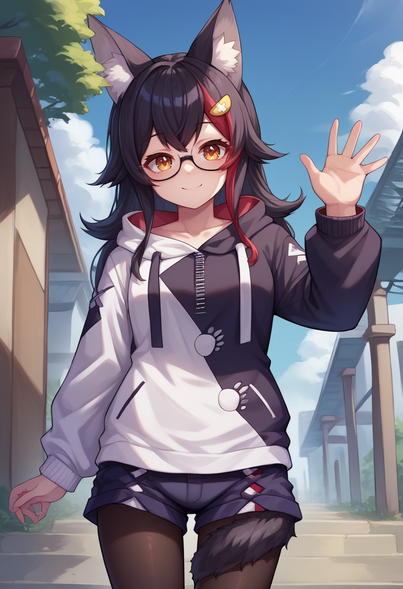 score_9, score_6_up, source_anime, 1girl, solo, outdoors, mio_hoodie, hair ornament, two-tone hoodie, glasses, short shorts, black pantyhose, tail wrap, tail around leg, light smile, waving <lora:mioXL-10:1>
