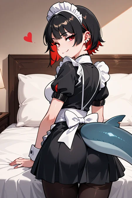 masterpiece, best quality, 1girl, solo, 21 year old model, eyelashes, (beautiful eyes), ,,, ellen joe, black hair, colored inner hair, multicolored hair, red eyes, red hair, short hair, two-tone hair, apron, black pantyhose, black shirt, black skirt, ear piercing, fins, fish tail, maid, maid apron, maid headdress, pantyhose, piercing, puffy short sleeves, puffy sleeves, shark girl, shark tail, shirt, short sleeves, skirt, tail, two-tone hair, wrist cuffs, <lora:EllenJoeIXL:1.0>, BREAK,,, night, bed room, from behind, ass, looking back, smirk, heart, smile, looking at viewer, shiny skin, <lora:GoldenCATLoraIXL:0.8>, <lora:princess_xl_v2:0.3>,