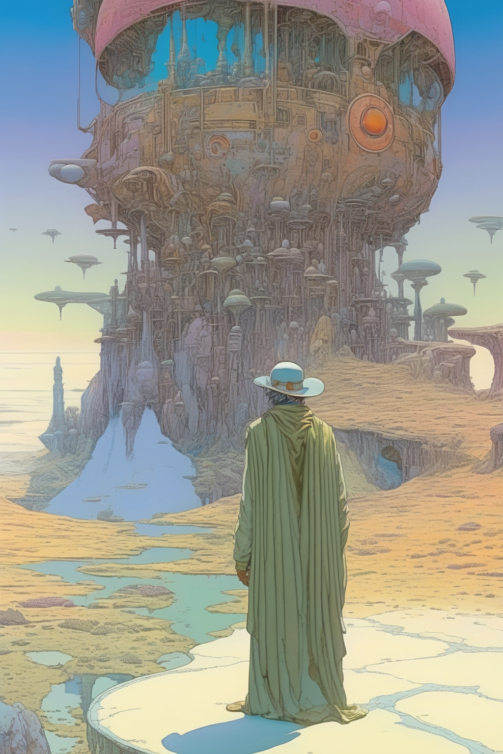 <lora:Moebius (Jean Giraud) Style:1>Moebius (Jean Giraud) Style - In the unpublished and breathtaking image from the Arzach album by Moebius, the essence of the Master's artistry shines through with remarkable clarity. Close-up of strange, fantastic and extraordinary animals.. The vertical composition, elegantly presented in a 2:3 format, unveils a scene of unparalleled beauty that resonates perfectly with the spirit of the album. Prepare to be mesmerized by the sheer originality that permeates every aspect of this artwork. As your eyes wander across the canvas, you'll encounter a harmonious fusion of elements that defy convention and ignite the imagination. It is a visual symphony that stands as a testament to Moebius's boundless creativity. Vibrant and sublime colors dominate the image, bursting forth with a luminosity that captivates the viewer. The hues intertwine seamlessly, creating a rich tapestry that evokes a profound sense of awe. From ethereal pastels to vibrant bursts of intensity, the color palette is carefully orchestrated to evoke emotions and transport you to a realm of pure visual delight. Within this captivating tableau, the world of Arzach comes to life. Majestic landscapes unfold, adorned with surreal and fantastical elements that blur the lines between reality and imagination. Moebius's artistic mastery is evident in the intricate details meticulously woven into the image. Each stroke of the brush or pen contributes to the overall narrative, telling a story that is open to interpretation and invites contemplation. The composition invites you to delve into the depths of its symbolism and immerse yourself in the profound beauty it offers. This painting should transport us to a realm where the extraordinary will become ordinary, where the imagination will reign supreme and where the legacy of Moebius' "Arzach" album will endure. This unique jewel will sum up the essence of the Master's art, because it will dazzle with its originality, its beauty and the sublime colors that will spring from its core. Action, Highly Impressive & Realistic Poses, Hyper-detailed, Insane Details, Intricate Details, Cinematics, Editorial Art, Photo Shoot, Tilt Blur, Super-Resolution, Megapixels, Unreal Engine 5, Studio Lighting, Volumetric, Optical, Diffusion Glowing, Shadows, Proportions, Rough, Shimmery, Ray Tracing Reflections, Glossy, Lumen Reflections, Screen Space Reflections, Diffraction Rating, Chromatic Aberration, GB Shift, Ray Tracing, Ray Tracing Ambient Occlusion Anti-Ali asing, Post-Processing, Post-Production, Cel Shading, Tone Mapping, Incredibly Detailed and Intricate, Hypermaximalist, Sleek, Hyper Realistic, Super Detailed, Dynamic Pose, Hyperrealism, HDI, 8k