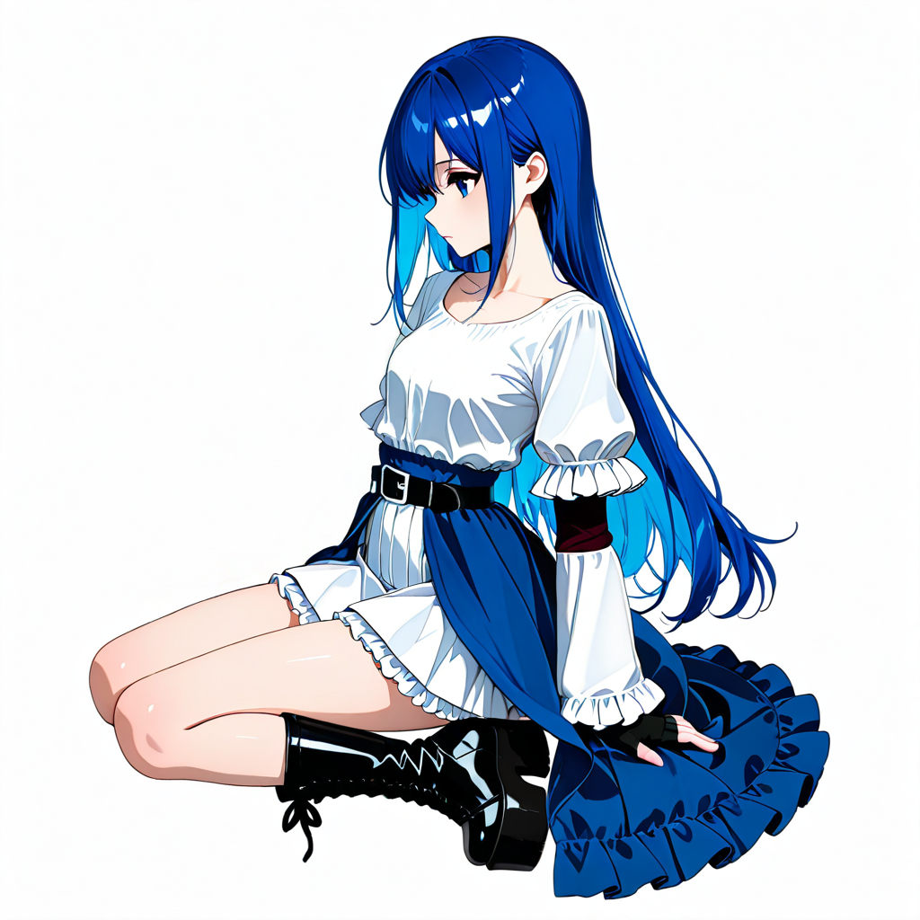 (white High-waisted frilled  dress, ), waist belt, ((layered sleeves, petticoat, white outer short sleeves, (fingerless gloves:0.95)), (blue inner long overskirt:1.2)), , (white short skirt:1.3), Ruffle Stand Neck, (blue inner long ruffled sleeves:1.1), black short platform boots