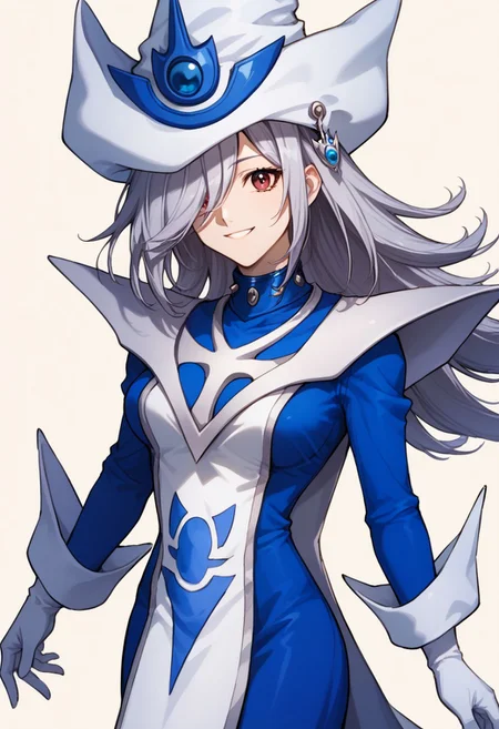 score_9, score_8_up, score_7_up, source_anime, good anatomy,1girl, solo, SilentMagicianOG, long hair, silver hair, swept bang, red eyes, medium breasts, SiMaClassic, white and blue tabard with silver trim, very long dress, blue dress, white gloves, puffy sleeves, white and blue hat, wizard hat, metal choker, hat over one eye, standing, smiling