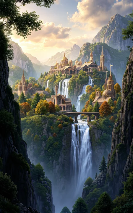 a magical elven city floating in the sky,with elegant crystal towers,glowing bridges of light,and cascading waterfalls falling into the clouds below,viewed at golden hour with soft sunlight filtering through,surrounded by floating isles with ancient runes,vivid style,fantasy architectural style,majestic and luminous.,<lora:aidmaMJ6.1_v0.5_3:0.6>,aidmaMJ6.1,<lora:klordoftherings-01:0.8>,klordoftherings,