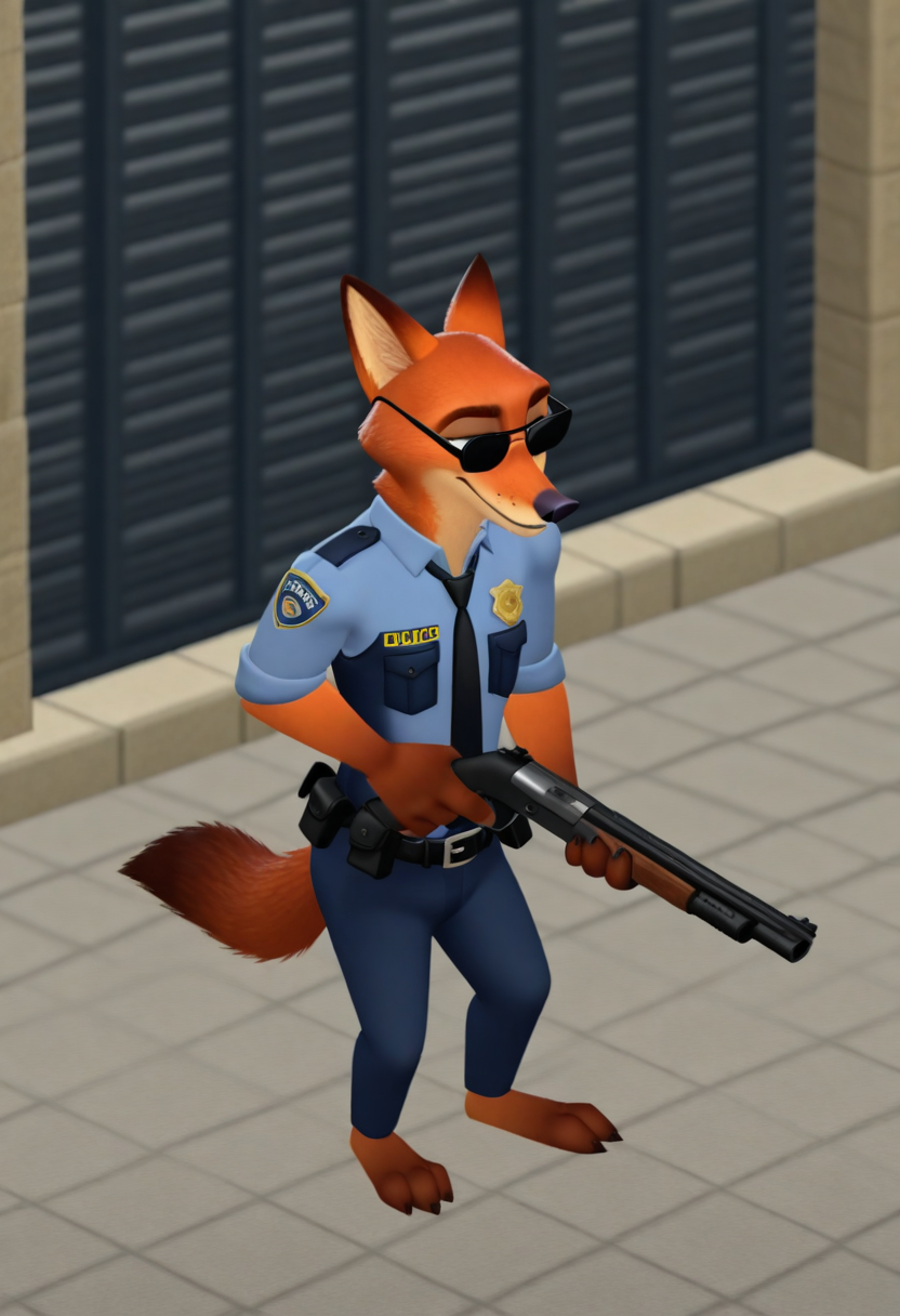 <lora:The_Sims_Style_Illustrious-000019:1.1> masterpiece, best quality, amazing quality, very aesthetic, thesims, 1boy, Nick Wilde (Zootopia), police uniform, holding shotgun, sunglasses, city background