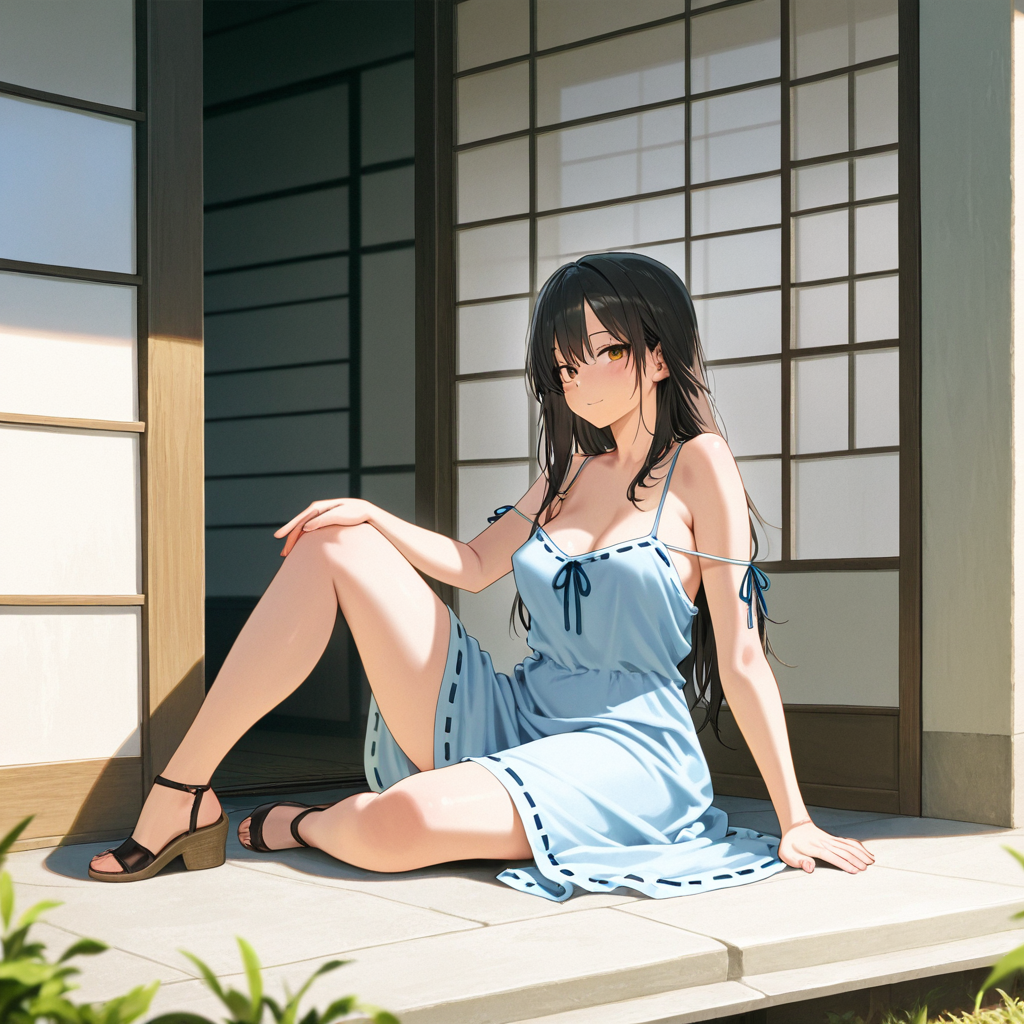 masterpiece,best quality,amazing quality, 1girl, aged up, medium breasts,  sitting, hand on knne, hand on ground, casual dress, ribbon trim, loose clothes,