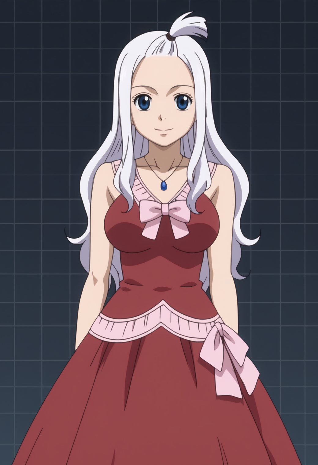 score_9, score_8_up, score_7_up,  BREAK, 1girl, solo,  anime screencap  BREAK<lora:DX888Mirajane:1>, mirajane strauss, white hair, blue eyes, dress, necklace,  light smile,BREAK  dark gray background, simple background, grid background, Kneeling with one hand on the ground and the other on the hip