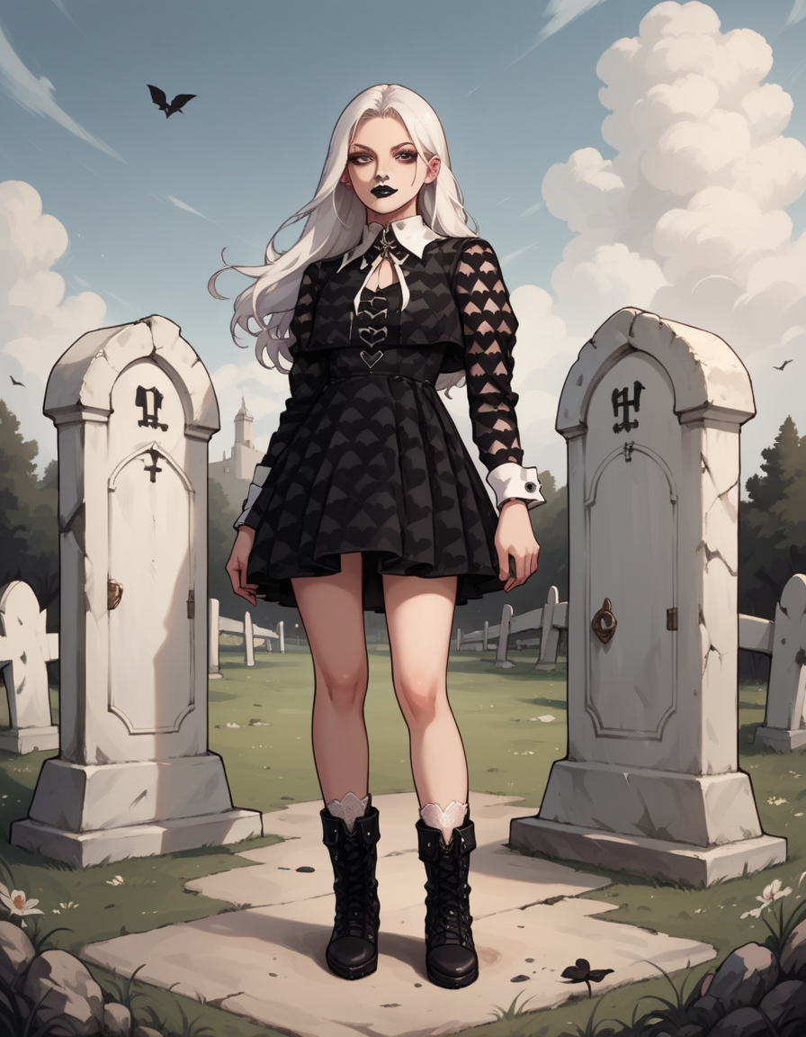 score_9, score_8_up, score_7_up, score_6_up, score_5_up, score_4_up, source_anime, 1girl, long white hair, makeup, black lipstick, full body, hud_gth_drss, black heart patterned short dress, dress, white collar, white wrist cuffs with o rings, long sleeves, white lace socks, black boots, <lora:hud_gothdressxlp:0.8>, cemetery,  hud_pstl_gth_styl, <lora:HUD_pstl_gth_styl-08:1>