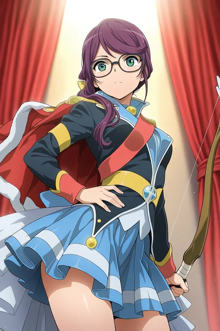 masterpiece, best quality, amazing quality,
 <lora:Junna_IL:1> junna, 1girl, solo, green eyes, bow (weapon), skirt, long hair, weapon, jacket, purple hair, glasses, hand on waist, holding bow (weapon), stage outfit, red curtains