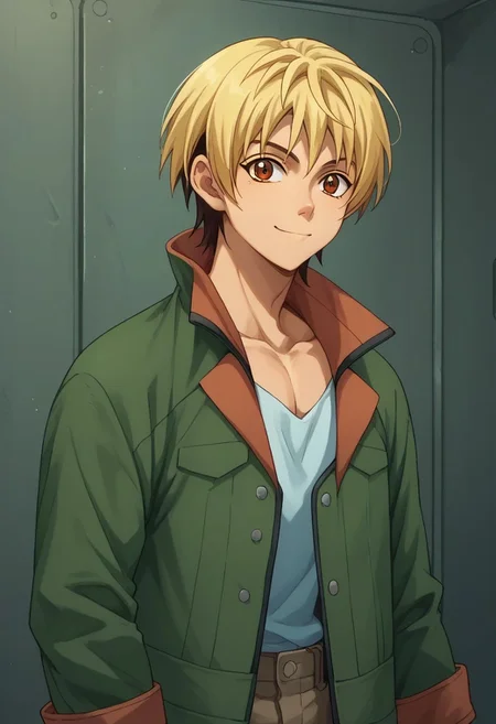 score_9, score_8_up, score_7_up, source_anime, highly detailed,
takaki, 1boy, male focus, solo, blonde hair, upper body, smile, jacket, green jacket, looking at viewer, pants, brown eyes,
indoor, hangar,