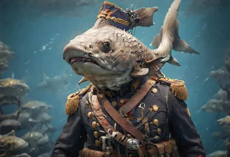 An anthropomorphic hammerhead shark in british soldier uniform