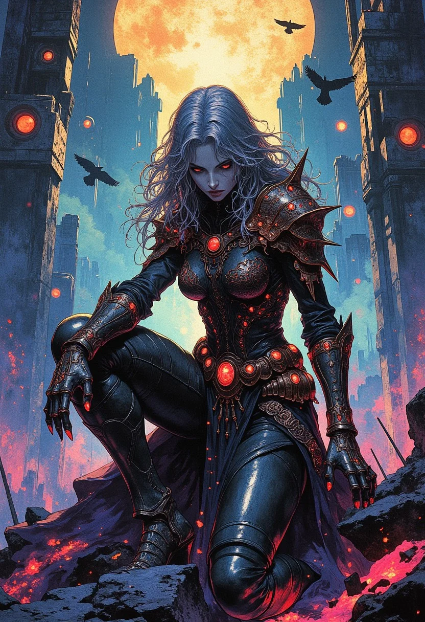 The agile assassin dominates the scene, her form taking up nearly the entire frame as she crouches amidst the glowing ruins of a colossal, ancient machine. Her shifting, bioluminescent hair cascades around her face, reflecting the eerie swamp light, while her sharp, otherworldly gaze draws the viewer in. Every detail of her strange, organic-metallic armor is visible, the tendrils and plating pulsating as if alive, mirroring her heartbeat.
Her muscular frame, draped in surreal, sinewy armor, exudes both strength and precision. The vials on her hip glow ominously, casting faint red shadows that dance across her body, while the fragments of starlight in her quiver catch the light like shattered glass.
The swamp is a chaotic, surreal backdrop, its kaleidoscopic colors blending into an abstract blur, emphasizing her sharp, detailed figure. Towering broken idols with glowing, sun-like eyes loom in the distance, but they are secondary to the archer's striking, central presence. The metallic crows overhead, their razor feathers glinting, are reduced to faint silhouettes against the sky, keeping the archer the undisputed focus.
The archer’s intensity and the raw energy radiating from her weapons and stance command attention, making her the centerpiece of a world teetering on the edge of chaos.