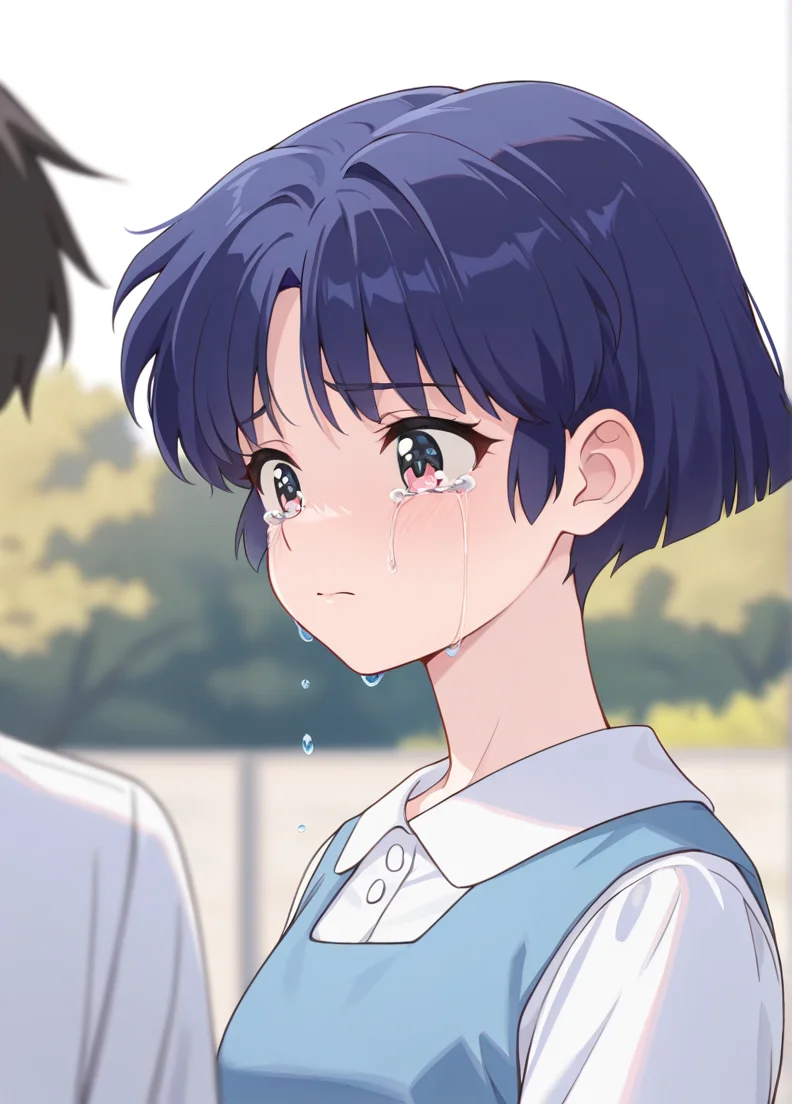 masterpiece, best quality, amazing quality, very aesthetic, absurdres, newest, detailed background, 4k, 8k, outdoors,
akanexd, 1girl, crying, tears, short hair, blue hair, crying with eyes open, sad, shirt, closed mouth, school uniform, white shirt, blurry, bangs, solo focus, upper body, blurry background,
<lora:Akane_Tendo_-_Ranma_12_Remake_Illustrious:1>