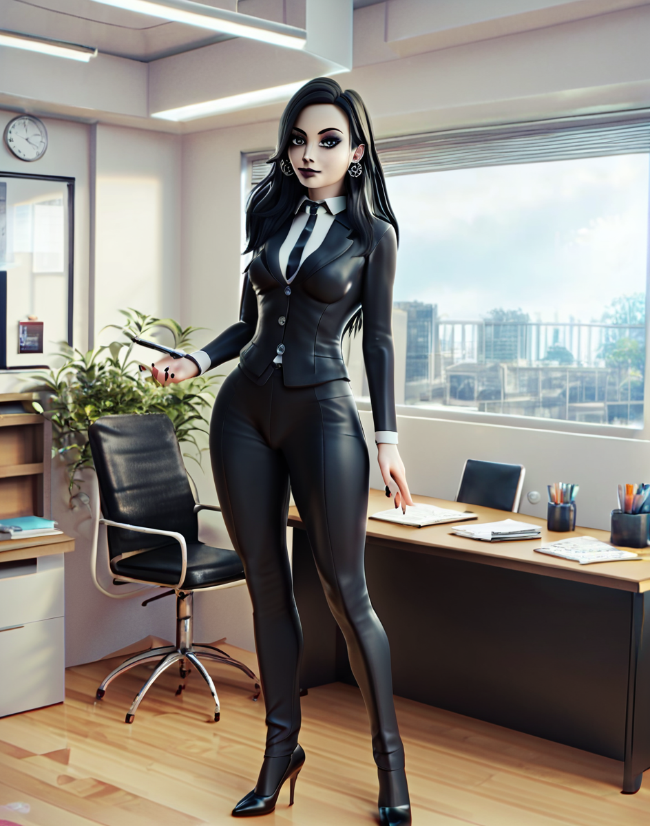 (score_9,score_8_up,score_7_up,score_6_up,score_5_up,score_4_up),high quality,detailled,(indoor, office, single desk, windows),<lora:easynegative:1>,<lora:StS_PonyXL_Detail_Slider_v1.4_iteration_3:1>,<lora:Eyes_High_Definition:1>,eyeshd,<lora:Footness_v2:0.6>,hoovesart,3d,
BREAK
upeer body, female focus,front view, formal suit, pants, shoes, secretary suit, standing <lora:Sasha_LoSeSb:0.8> (1girl, long hair, black hair, black nails, sasha, grey eyes, small breasts, goth girl, black lipstick, black eyeshadow, earrings,  solo)