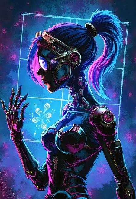 ArcaneFGTNR, Holographic android, neon splashes, electric blue highlights, swirling colors, glowing tech, digital energy, cybernetic design, abstract sci-fi art, radiant glow, futuristic brilliance