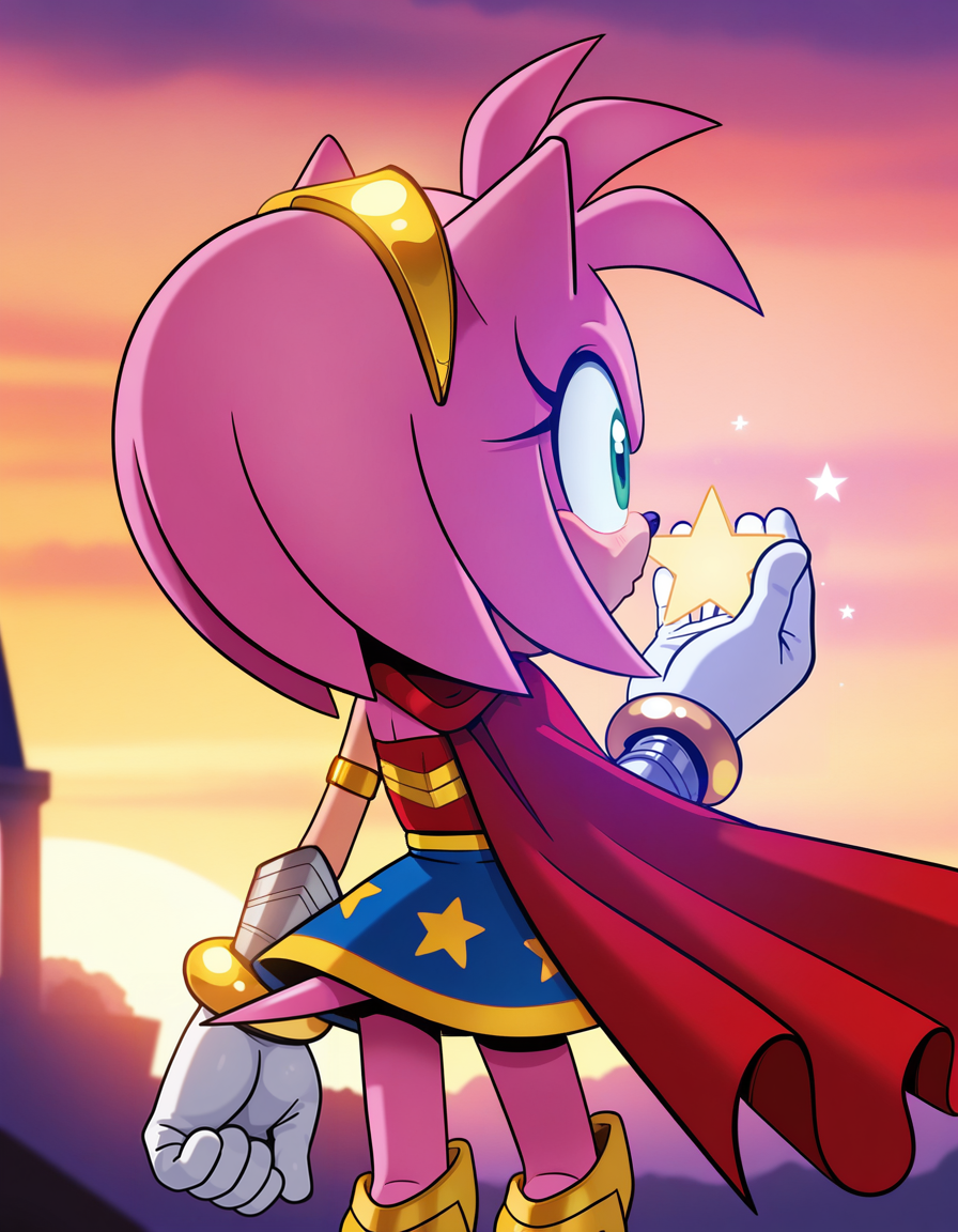 1girl, solo, no humans, petite, official art, (long shot), communing with spirits, detailed face, located in a magical scene at a mystical magical academy during sunset with rainy weather, illuminated by moonlight, creating a magical,wondrous atmosphere,
<lora:WonderAmy_v1:0.8> wonderamy, alternate costume, amy rose, gold trim, red cape, white gloves, bracer, gold hairband, blue skirt, sleeveless, breastplate, armored boots, star \(symbol\), star print, bare shoulders, armlet, miniskirt, gold brooch, brooch, red shirt, gold bracelet, tail through clothes,
 <lora:JenHen_v4-07:0.9> jenhen, extremely detailed, highres, masterpiece, best quality