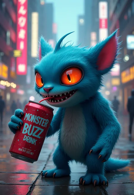 A cute monster drinking a can of MONSTER BUZZ DRINK in a futuristic cyberpunk city