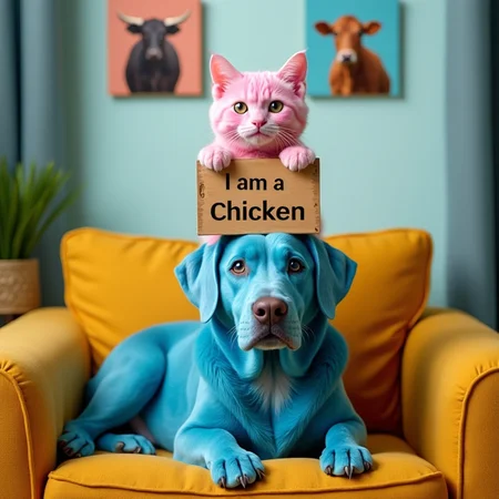 photo of A pink cat sitting on the head of a blue dog, which is sitting on a yellow couch, The cat is holding a wooden sign with text that reads "I am a chicken", In the background are 3 pictures of cows. Through a window, there is an alien spaceship visible