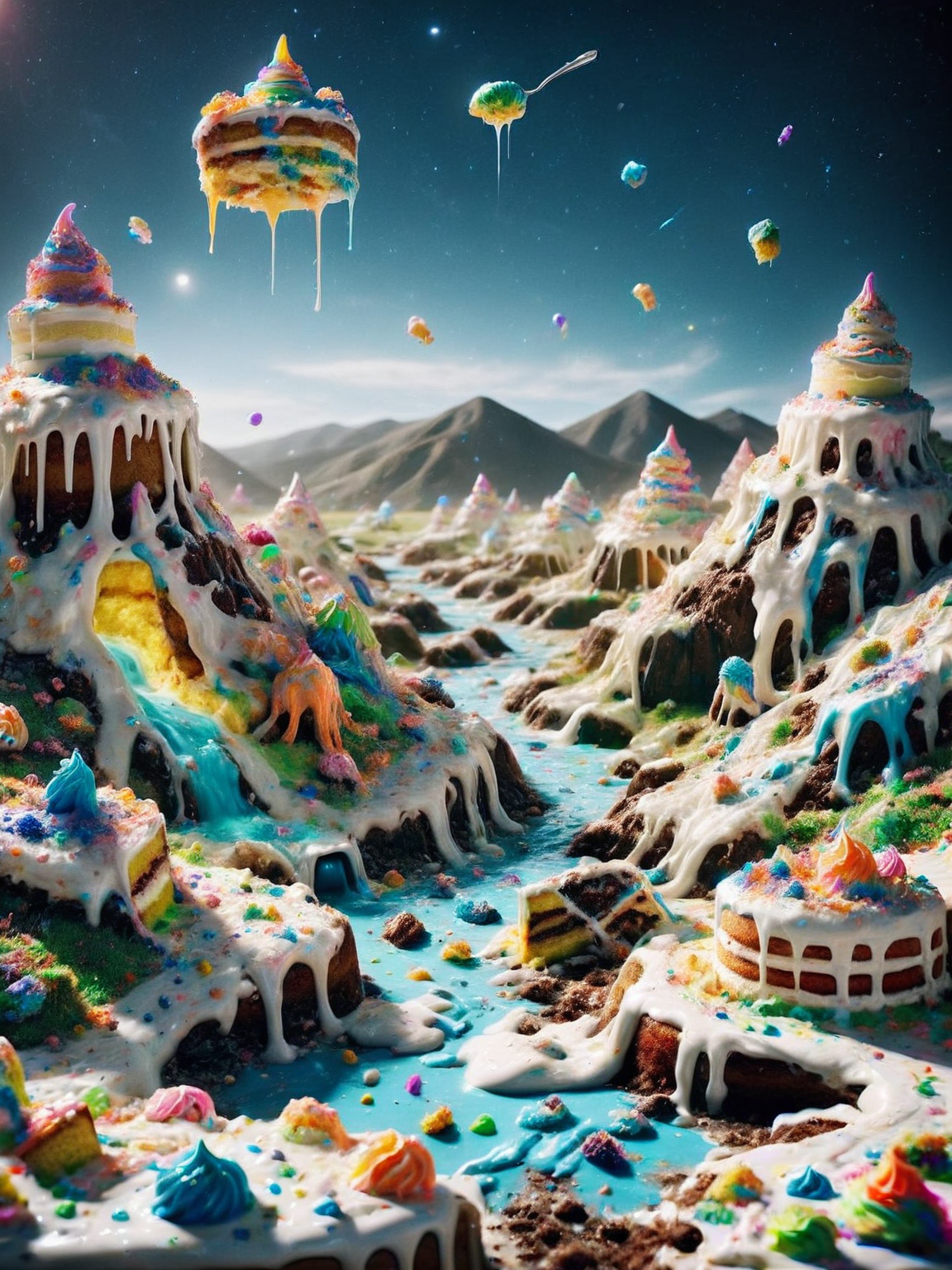 ais-cakemess alien landscape with rolling hills of colorful cake batter, rivers of frosting, and strange, bioluminescent flora. <lora:Cake_Mess_SDXL:1>