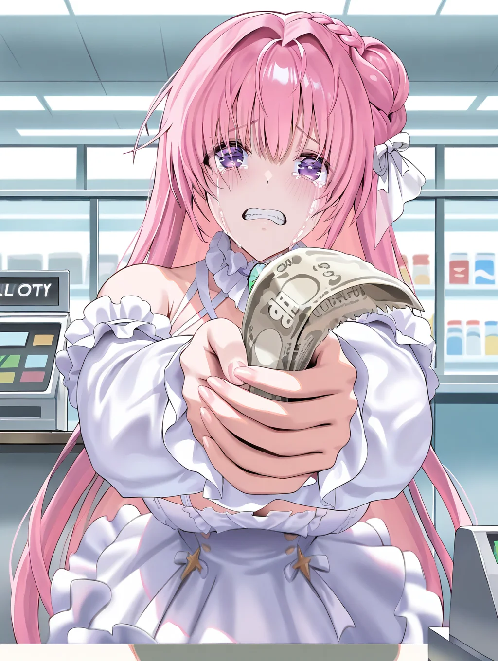 (masterpiece,best quality,ultra_detailed,highres,absurdres:1.2,amazing quality,very aesthetic),<lora:overzone_ilxl_v1-000006:1>,dorothy \(nikke\),1girl,dress,long hair,pink hair,white dress,(holding dollar bill:1.5),solo,clenched teeth,teeth,frilled dress,tears,purple eyes,crying,very long hair,frills,looking at viewer,hair ribbon,long sleeves,ribbon,crying with eyes open,convenience store,cash register,table,aiming at viewer,
