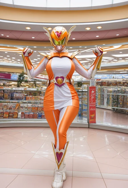 1girl, solo. indoors, Shopping Mall, cowboy shot, looking at viewer, <lora:iba_girl_pony:1>iba_girl, curvy, fighting stance,