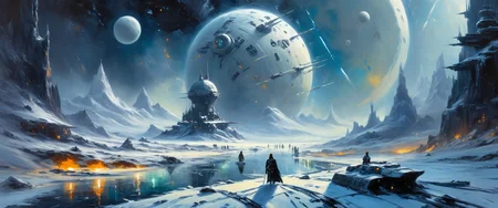 Surrealistic impressionist oil painting of a snow-covered planet, (Star Wars Style), winter, snowfall, night, double exposure, dark atmosphere, frozen river, laser beams <lora:SDXL-ExtremelyDetailed:0.44> <lora:John Berkey Style:1.26> sci-fi, concept, deep, painting, moon, epic, space, spaceship, station, oil painting art style, rich colors, lush textures, expressive brushwork, blendable layers, high-contrast oil texture, dynamic compositions, professional-grade finish, versatile medium, timeless elegance, immersive depth, depth of field, vibrant hues, intricate detailing, adds depth and dimension, finest lines, strong canvas texture