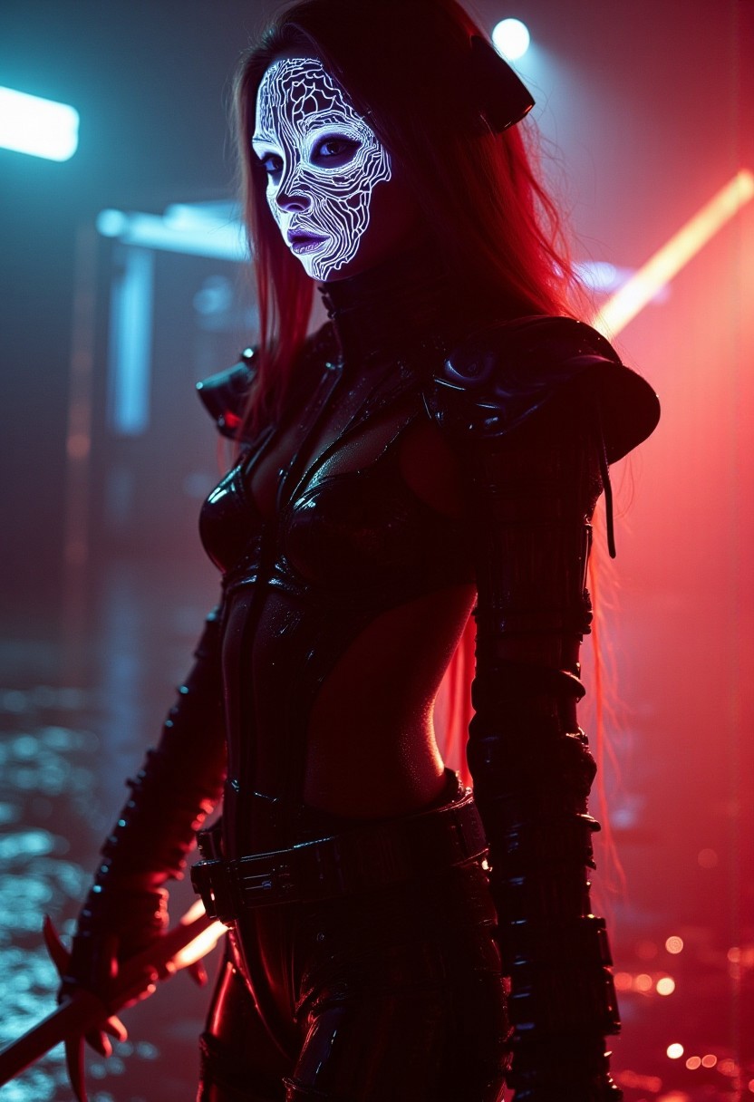 Motion lines, Action Scene, floating particles, Atmospheric haze, foggy atmosphere, high quality movie shot of a woman wearing an glowing cyberpunk armor, Highly detailed close-up action scene of a knightess in intricately patterned armor. Long billowing hair, The focus is on the knightess ethereal eerie laughing vibrant translucent princess mask, showcasing intricate designed lines that are emitting light streams, a pale blur of light that trails with the swift motion, capturing the dynamic speed of the fighter. The scene is set in a misty, fog-filled night with a desaturated color palette. The background is hazy Metropolis, while motion streaks and dynamic lighting enhance the sense of speed and intensity, with the knight’s glow piercing through the mist, impressive powerful stance, very detailed, moody DARK dystopian villain themed analog photo, lot of black colors, gray colors, red colors, very little of blue colors, little of brown colors, very little of cyan colors, little of pink colors, very little of orange colors