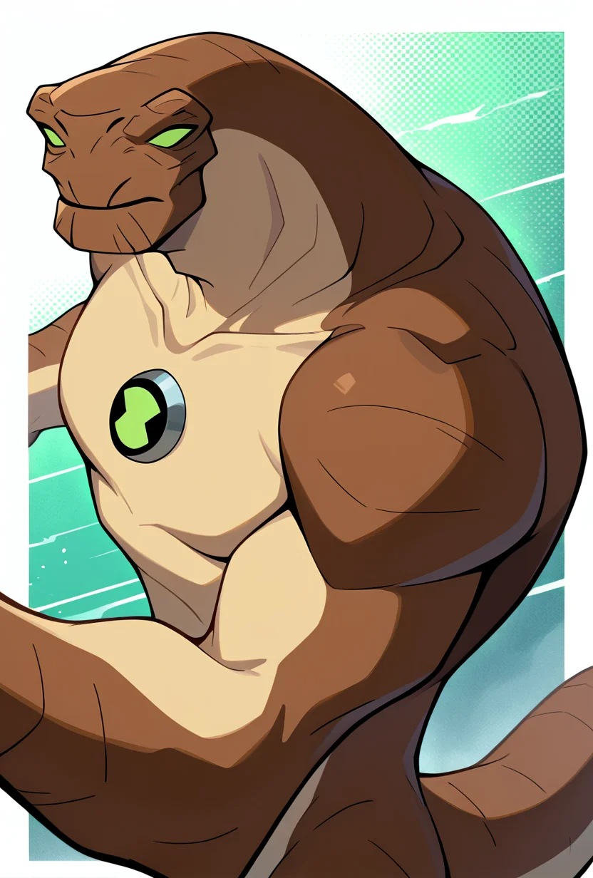 <lora:humungousaur-08:1> humungousaur, dinosaur, 1boy, male focus, solo, green eyes, muscular, no humans, brown skin, , green sclera, tail, no pupils, dynamic pose, masterpiece, best quality, amazing quality, very aesthetic, absurdres, newest,, upper body, halftone effect, white borders, abstract background:1.2,