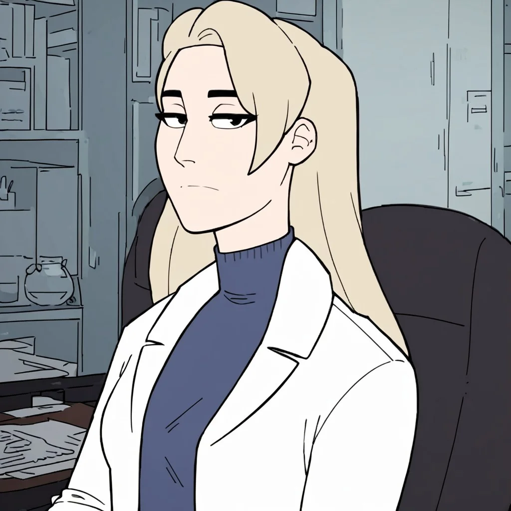 score_9, score_8_up, score_7_up, solo, 1girl, blue shirt, White lab coat, expressionless, Lab, room, inside, breast, blonde hair, black eyes, sitting,