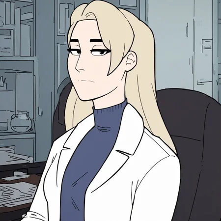 score_9, score_8_up, score_7_up, solo, 1girl, blue shirt, White lab coat, expressionless, Lab, room, inside, breast, blonde hair, black eyes, sitting,