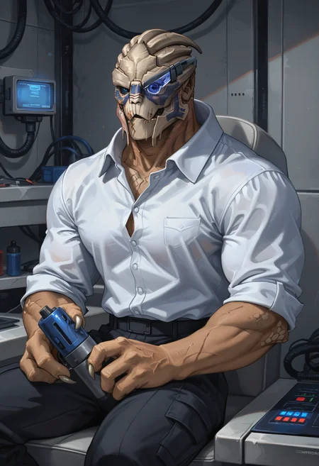 score_9, score_8_up, score_7_up, score_6_up, score_5_up, score_4_up, BREAK garruspdxl, visor, scar, white polo shirt, sitting, electrical engineering, soldering iron, working, bara, hyper muscle, 1boy, solo, male focus, sitting, claws, blue eyes, alien, <lora:Garrus_Vakarian:0.75>