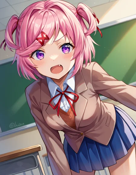 score_9, score_8_up, score_7_up, source_anime,
ddlcnatsuki, <lora:ddlc-natsuki-ponyxl-lora-nochekaiser:1>
ddlcnatsuki, fang, hair ornament, pink hair, purple eyes, short hair, short sidetail, swept bangs, x hair ornament,
blazer, blue skirt, brown jacket, collared shirt, jacket, long sleeves, miniskirt, neck ribbon, pleated skirt, red ribbon, ribbon, school uniform, shirt, skirt, swept bangs, vest, white shirt, wing collar, x hair ornament,
indoors, classroom, bent over,
looking at viewer, dutch angle, cowboy shot,