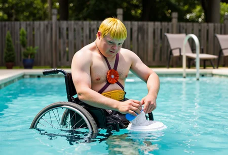 a cinematic photo of a wheelchair-bound He-Man with Down syndrome cleaning the pool. No deformed hands.