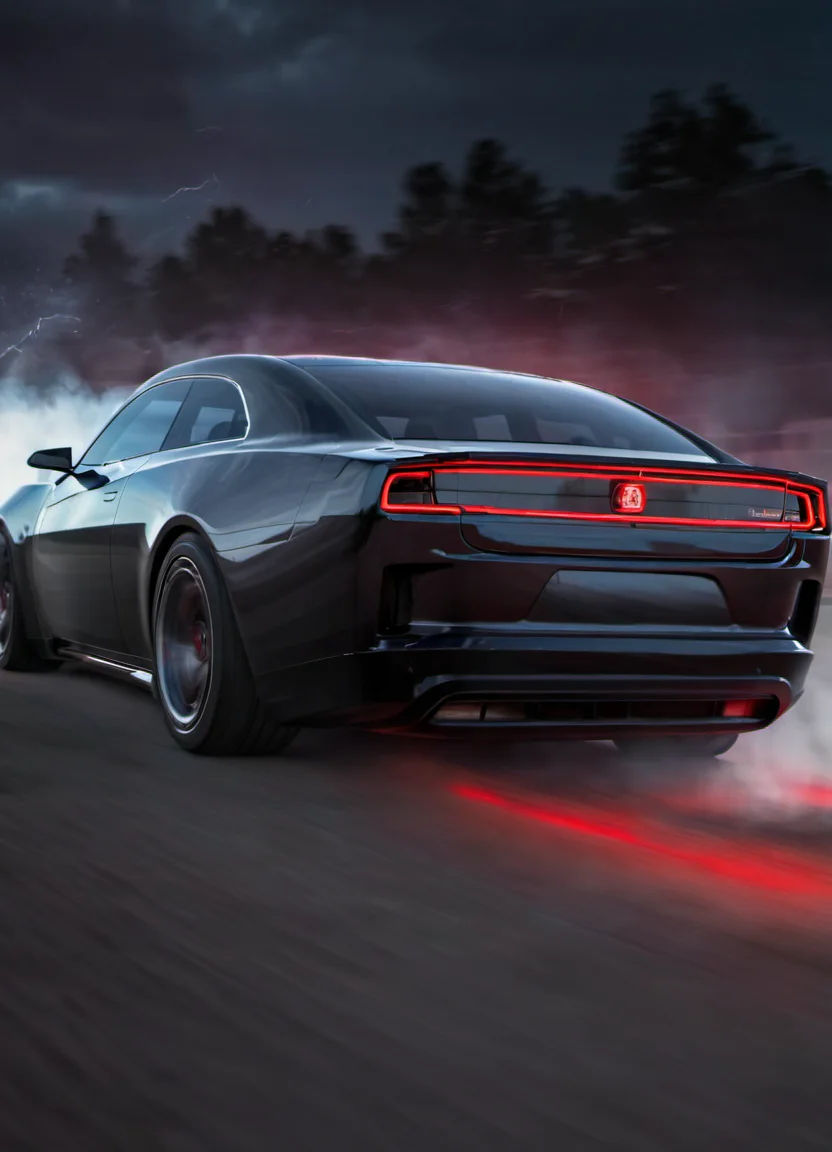 <lora:ChargerConceptSDXL_v1:1> black chargerconcept driving through the night, seen from the behind with the tail lights on, tire smoke, dramatic, red lighting, driver, lightning and storm,
realistic, cinematic, highly detailed,