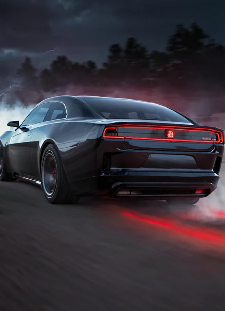 <lora:ChargerConceptSDXL_v1:1> black chargerconcept driving through the night, seen from the behind with the tail lights on, tire smoke, dramatic, red lighting, driver, lightning and storm,
realistic, cinematic, highly detailed,