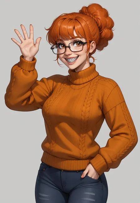 Patty, 1girl, solo, orange hair, updo, freckles, rectangle glasses, braces, nerdy female, looking at viewer, cowboy shot, happy, waving, sweater, pants,