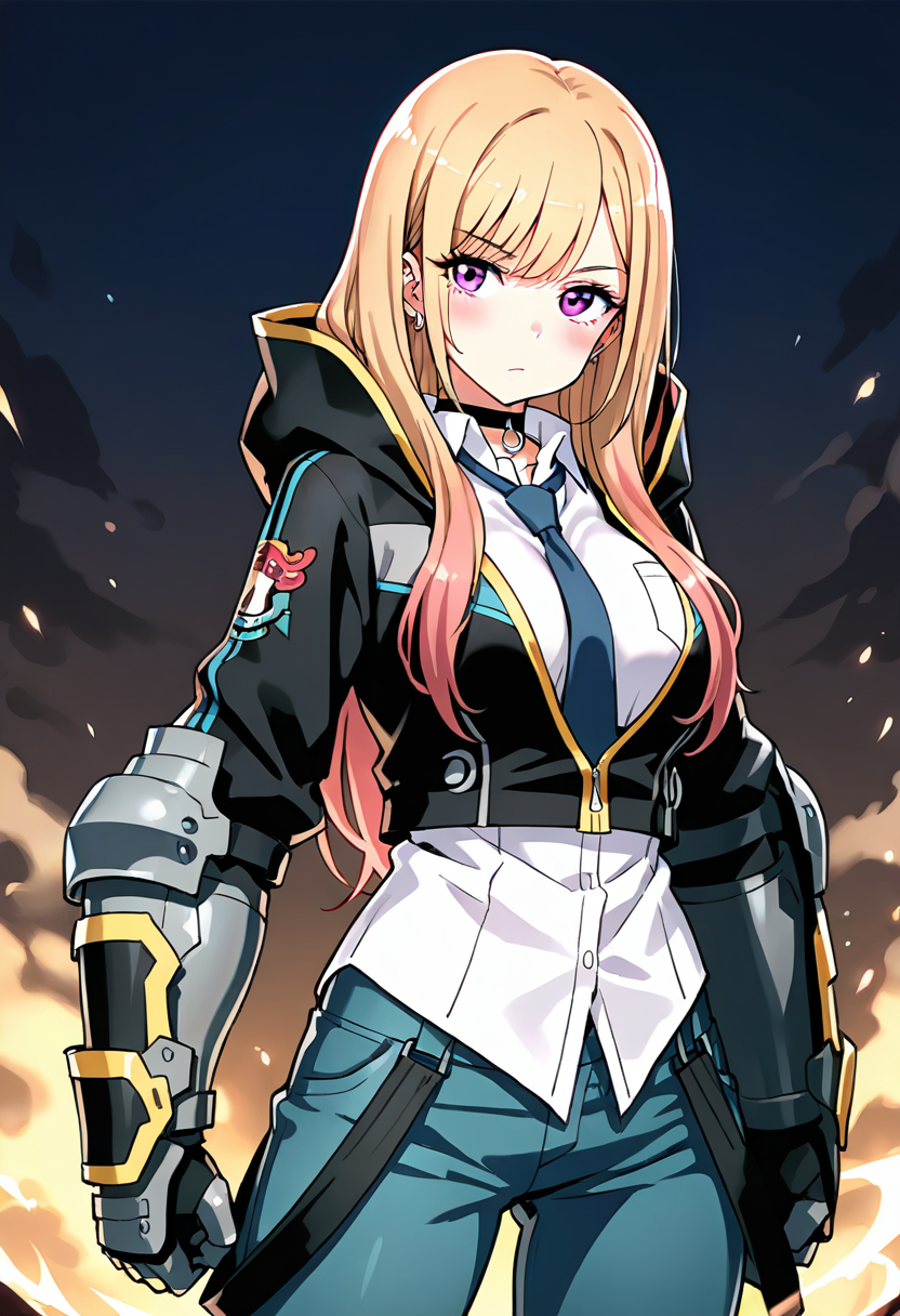 <lora:jinsepatus_IXL:0.7> 1girl,kitagawa marine,blonde hair,long hair,purple eyes ,white shirt,blue necktie, jinclassicoutfit,black jacket,blue pants,hood,
,gauntlets,
,best quality,masterpiece