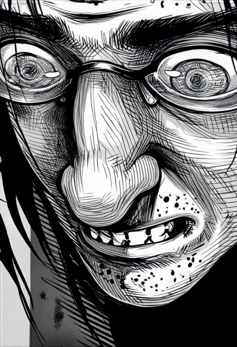 monochrome, greyscale, male focus, 1boy, close-up, blood, clenched teeth, teeth, solo, eye focus <lora:odysseasXL_NBVP1_lokr_V6311PZ:0.95>