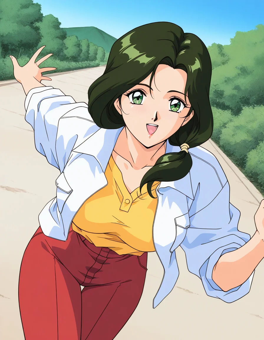 general,highres, ultra-detailed,very aesthetic,best quality ,best hands, BREAK <lora:Sakurai_Sensei_IS:1>Sakurai_Sensei, 1girl,solo, dark green hair, long hair, green eyes, large breasts, low ponytail, lips,1990s (style), anime coloring, BREAK,
smile,looking at viewer, cowboy_Shot, open mouth, closed jacket, button,
down arms,
Yellow shirt, white jacket, red pants, long pants,
outdoor, day,, general,highres, ultra-detailed,very aesthetic,best quality ,best hands, BREAK