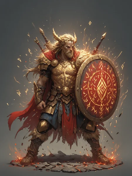 by Julie Mehretu, eclectic, by Andre-Charles Boulle, intricate gold, canvas, detailed, barbarian, fantasy, <lora:Flashfire_Glowing_Runes:0.7>, Flashfire glowing runes, full body, blue, holds a sword and shield, <lora:ral-dissolve:0.3>, ral-dissolve, <lora:Into_Darkness:0.5>, <lora:hkmagicV2:0.3>, hkmagic, red coat,