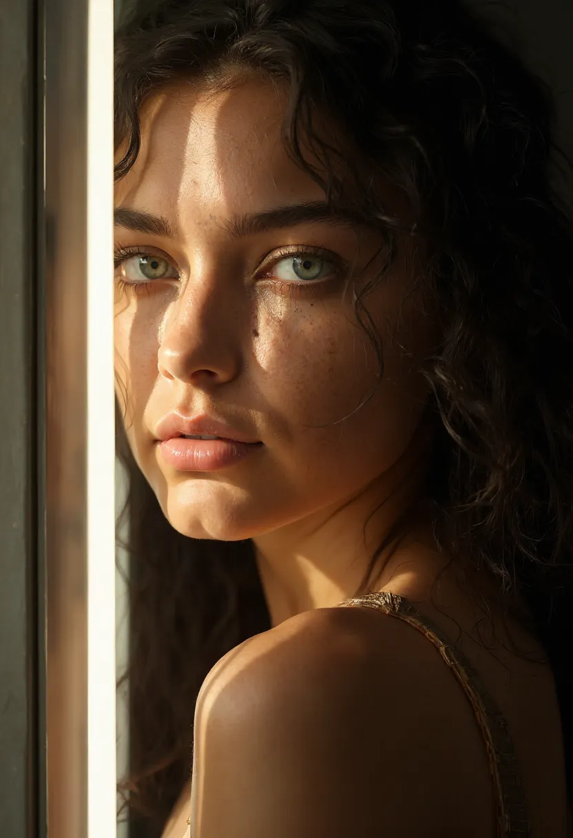 d3m1, beautiful 20yo mediterranean woman, ultra-realistic, detailed olive skin texture with subtle freckles, stark white light coming from an open refrigerator door below, casting sharp upward shadows, smooth shading, calm natural pose, ultra-realistic striking green-blue eyes, high-detailed curly dark brown hair, looking into the fridge, dark kitchen background, Southern European facial features, slim build, thick dark eyebrows, full lips with a natural tone, average breasts, elegant and minimalistic expression, delicate features, natural look, no makeup