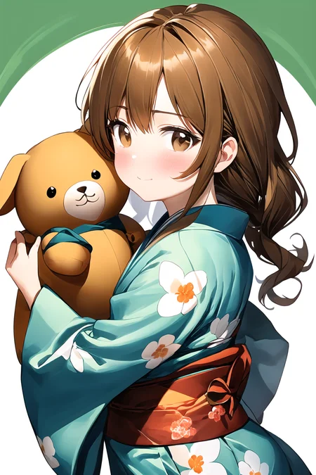 (best quality, masterpiece:1.2),1girl, kimono, solo, blush, long hair, simple background, brown eyes, brown hair, floral print, stuffed toy, print kimono, sash, wide sleeves, stuffed animal, object hug, wavy hair, obi, long sleeves, yukata, doll hug, looking at viewer