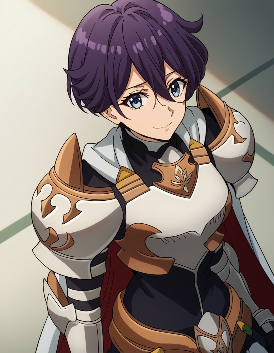 score_9, score_8_up, score_7_up, source_anime, <lora:beefeater-e-caty-s2-ponyxl-lora-nochekaiser:1>, beefeater e caty, short hair, purple hair, blue eyes, hair between eyes, medium breasts, skirt, gloves, cape, armor, shoulder armor, gauntlets,, hospital room, bedside, get well flowers, comforting, quiet, smile, looking at viewer, from above,, solo,, cowboy shot, dutch angle