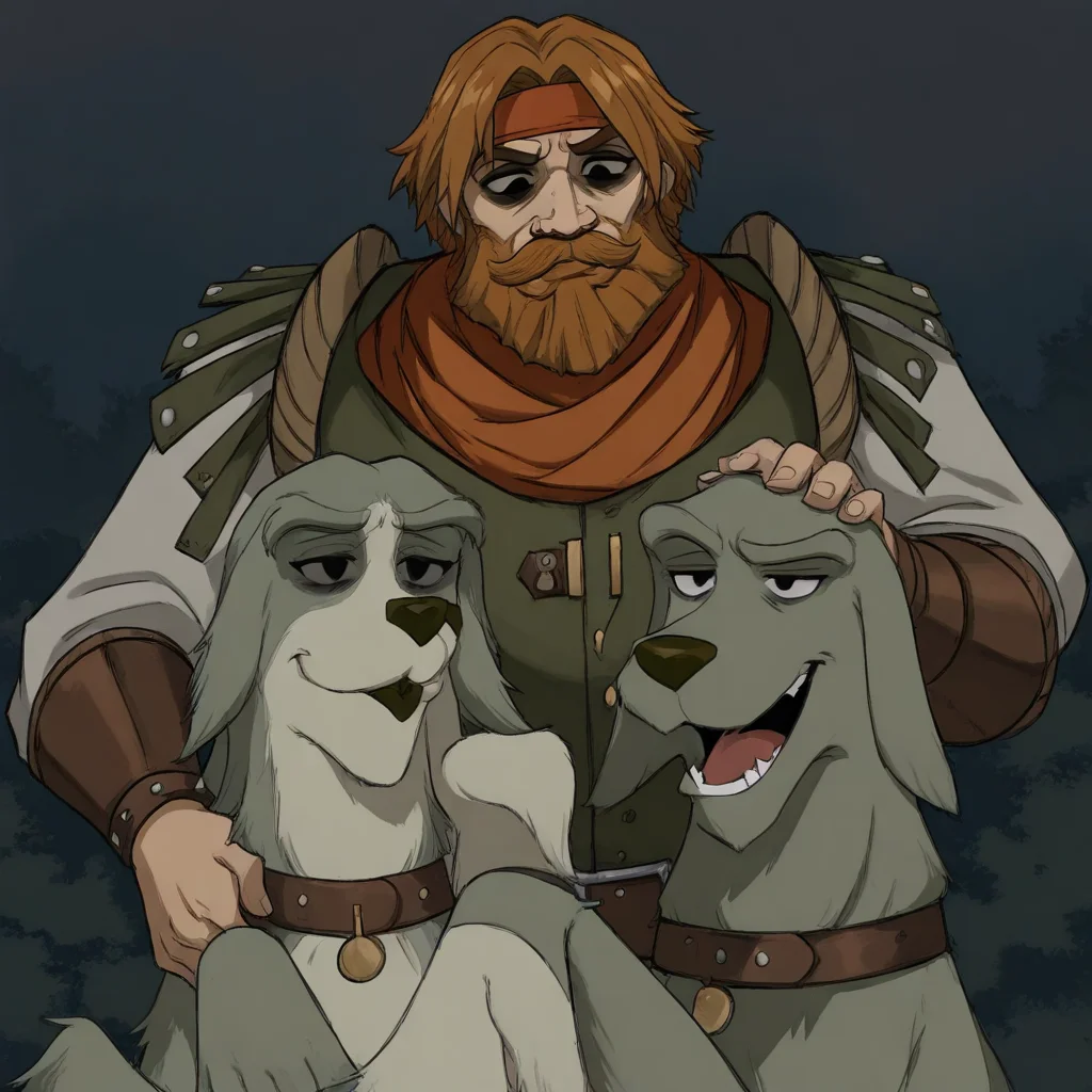 masterpiece, best quality, newest, absurdres, highres, anime, anime style, DDstyle, official style, black eyes, shaded eyes, DDHM-V1.0, beard, facial hair, leather armor, dog, hound, mustache, headband,