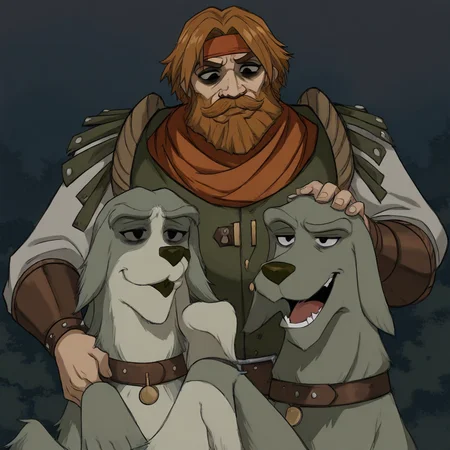 masterpiece, best quality, newest, absurdres, highres, anime, anime style, DDstyle, official style, black eyes, shaded eyes, DDHM-V1.0, beard, facial hair, leather armor, dog, hound, mustache, headband,