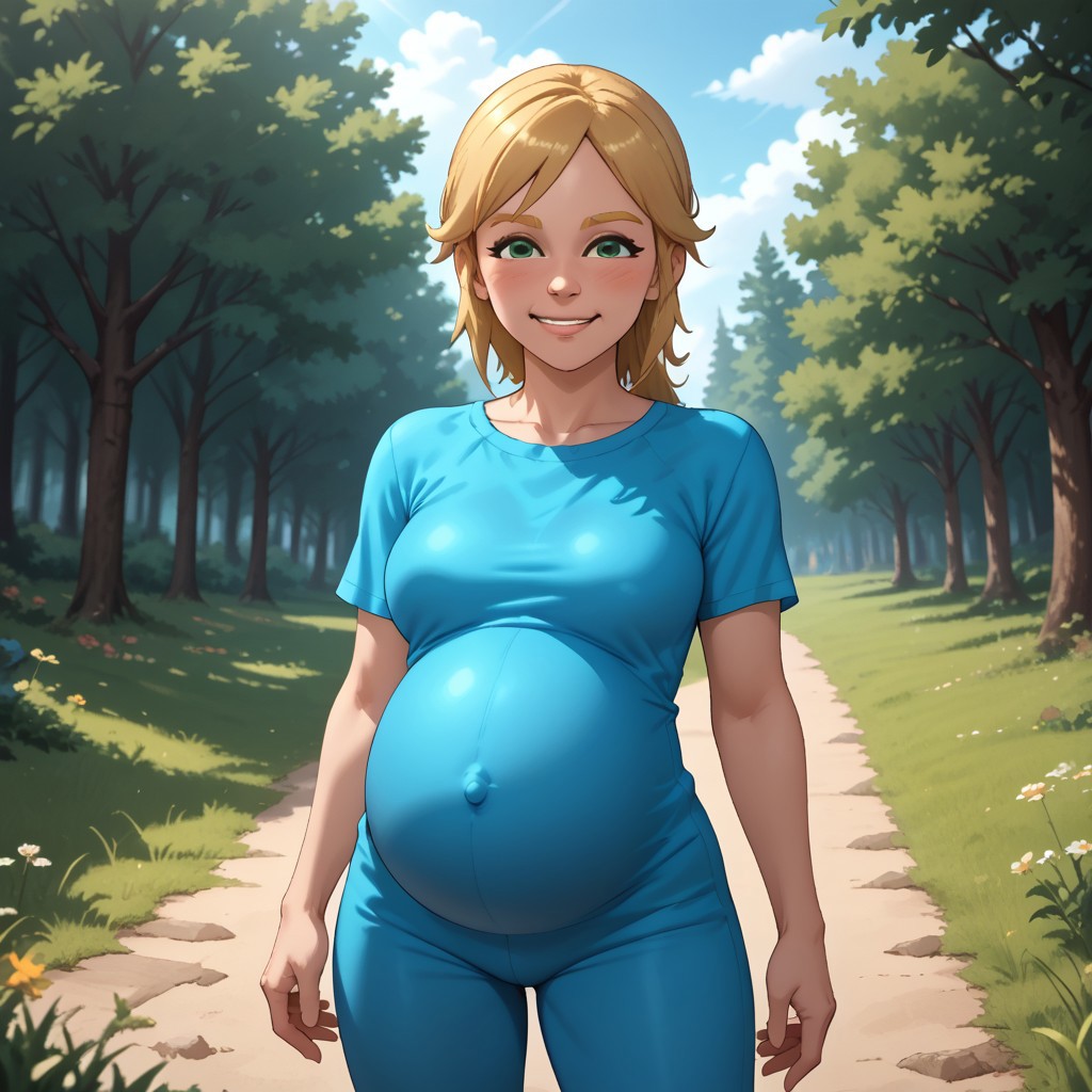 score_9, score_8, BREAK, solo, wii, mii, wii sports, 1girl, female mii, green eyes, blonde hair, blonde eyebrows, blush, cyan clothing, white pants, shoes, nintendo mii, modern_mii, classic_mii, breasts, olga_(wii_sports), cute, (((pregnant))), adult female, mature female, sexy pose, self portrait, smile, outdoors, sunlight, shadows, evening lighting, natural lighting, forest, trees, grass, orange sky, sunset