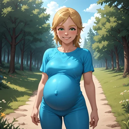 score_9, score_8, BREAK, solo, wii, mii, wii sports, 1girl, female mii, green eyes, blonde hair, blonde eyebrows, blush, cyan clothing, white pants, shoes, nintendo mii, modern_mii, classic_mii, breasts, olga_(wii_sports), cute, (((pregnant))), adult female, mature female, sexy pose, self portrait, smile, outdoors, sunlight, shadows, evening lighting, natural lighting, forest, trees, grass, orange sky, sunset