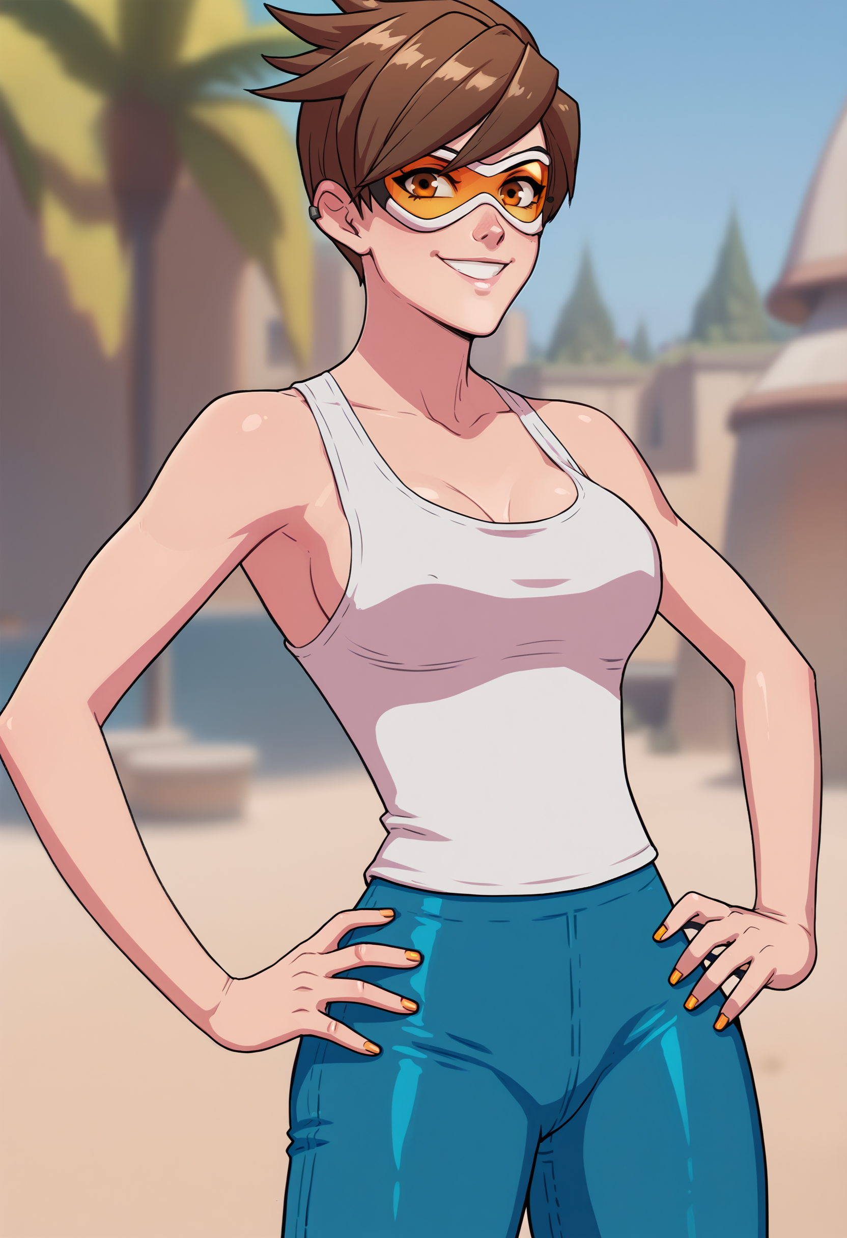 score_9, score_7_up, <lora:drivenaffairstekuho-guy-PONY-DORAv1:1>, 1girl, solo, tracer \(overwatch\):0.8, tank top, presenting, smile, looking at viewer, hands on own hips, depth of field, breasts
