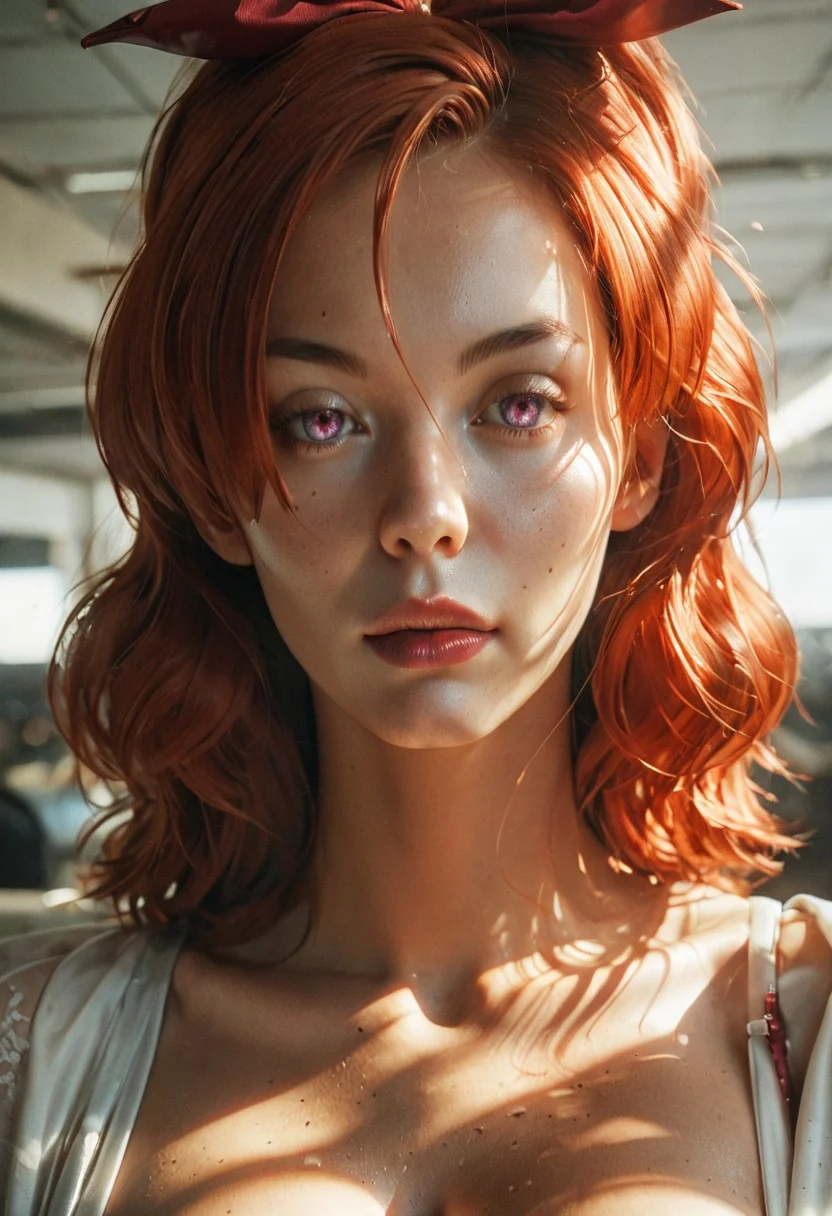 CyberRealisticPony_POSV1, score_9, score_8_up, score_7_up. 1girl, (milf:1), Bamirade, purple eyes, red hair, hair bow, big breasts,
(detailed skin, perfect quality, hyper quality, perfect lighting, ultra realistic reflections, hyper realistic, ultra realism, 8k, masterpiece)